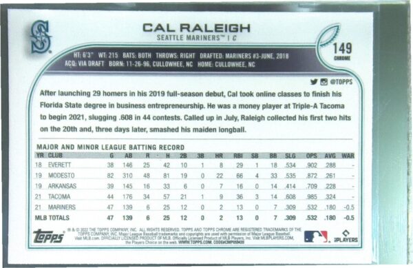 2022 Topps Chrome Sonic Cal Raleigh RC #149 Mariners - Image 3