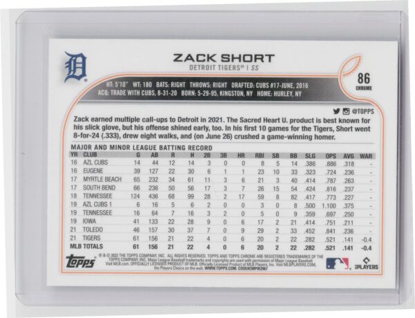 2022 Topps Chrome Zack Short Rookie #86 Tigers - Image 3