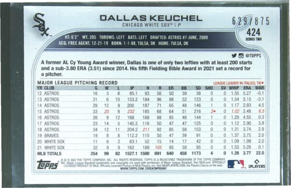 2022 Topps Dallas Keuchel Foilboard Retail /875 #424 Sox - Image 3