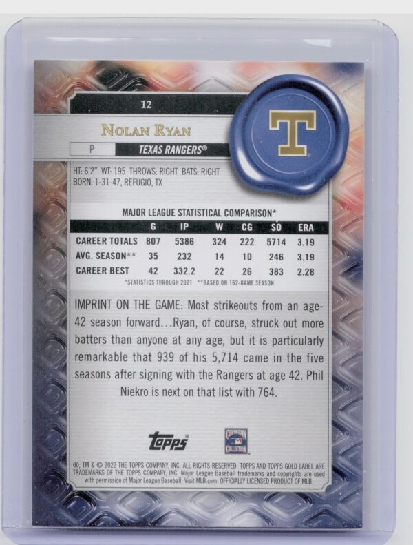 2022 Topps Gold Label Nolan Ryan Class 2 #12 Rangers - Image 3