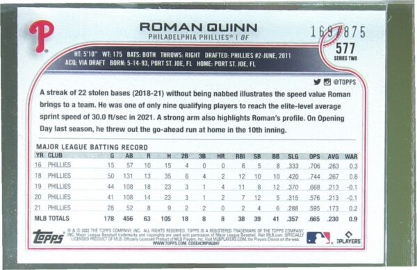 2022 Topps Roman Quinn Foilboard Retail /875 #577 Phillies - Image 3