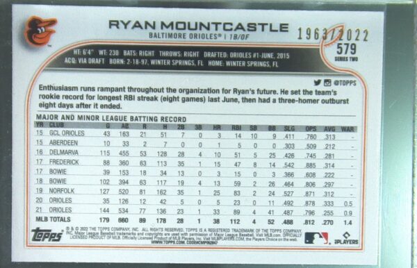 2022 Topps Ryan Mountcastle Gold /2022 #579 Orioles - Image 3