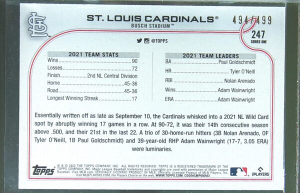 2022 Topps St. Louis Cardinals Green Foilboard /499 #247 Cardinals - Image 3