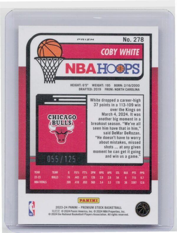 2023-24 Hoops Premium Stock Coby White Orange Ice Prizm /125 278 Bulls - Image 3