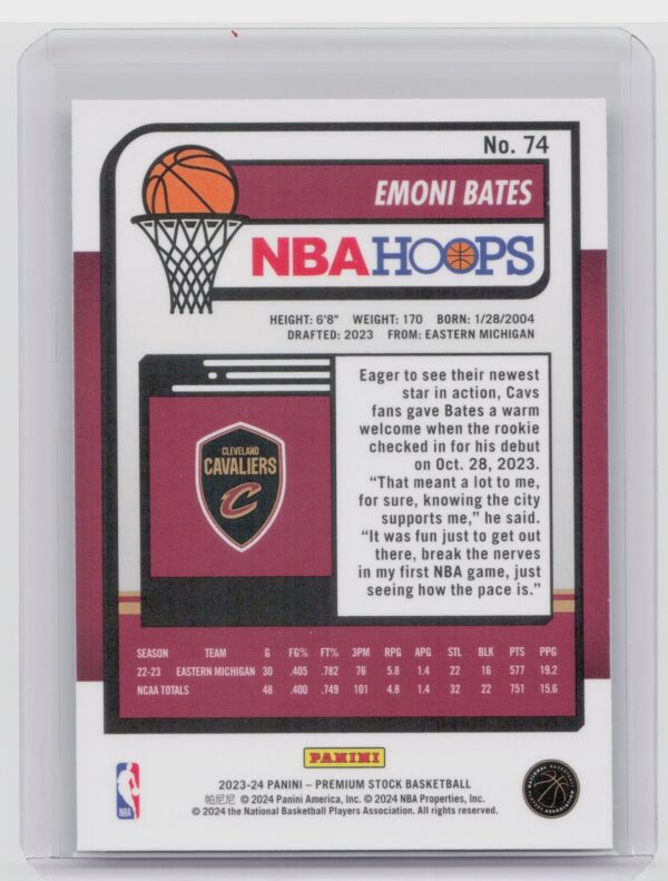2023-24 Hoops Premium Stock Emoni Bates RC 74 Cavaliers - Image 3