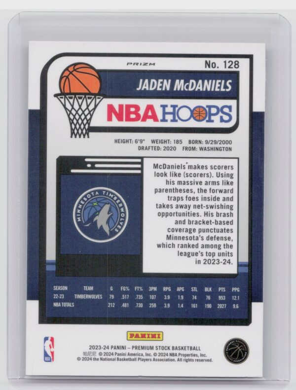 2023-24 Hoops Premium Stock Jaden McDaniels Silver Prizm 128 Timberwolves - Image 3