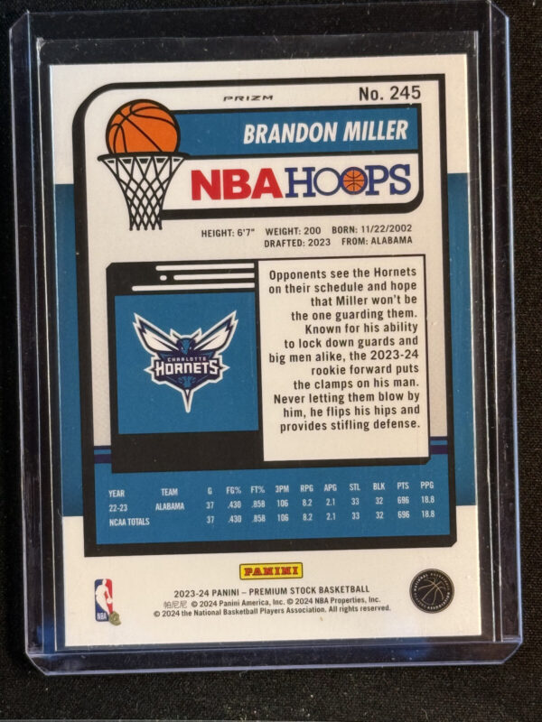 2023-24 Panini NBA Hoops Premium Stock Brandon Miller Cracked Ice Rookie RC Horn - Image 3