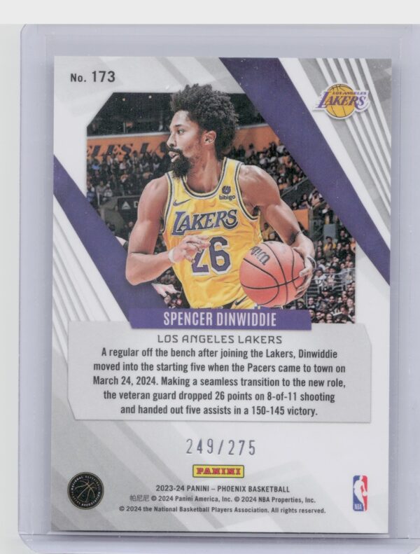 2023-24 Panini Phoenix Spencer Dinwiddie Phoenix Blue Lazer /275 173 Lakers - Image 3
