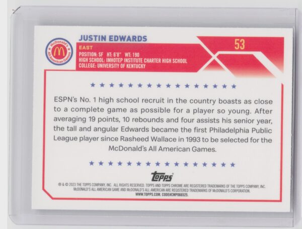 2023-24 Topps Chrome McDonald's All American Justin Edwards #54 - Image 3