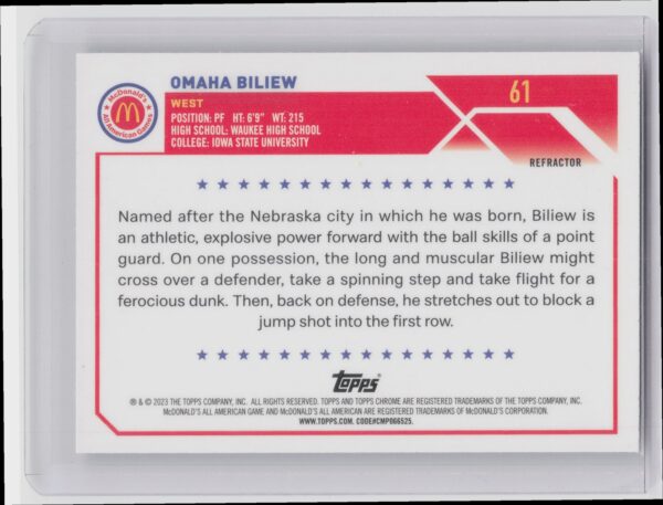 2023-24 Topps Chrome McDonald's All American Omaha Biliew #61 - Image 3