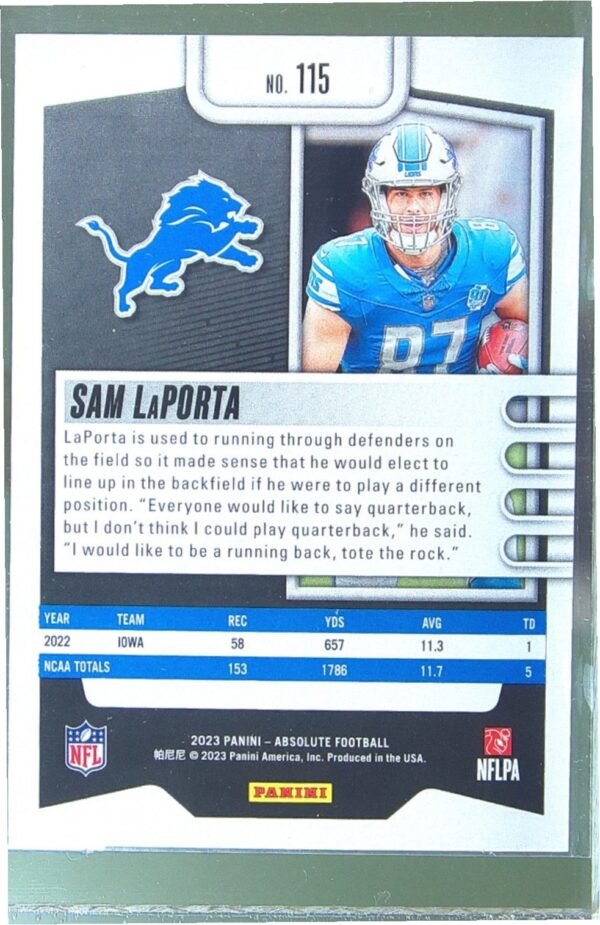 2023 Absolute Sam LaPorta Retail RC #115 Lions - Image 3