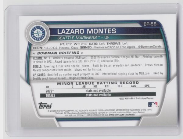 2023 Bowman 1st Edition Lázaro Montes #BP-58 Mariners - Image 3