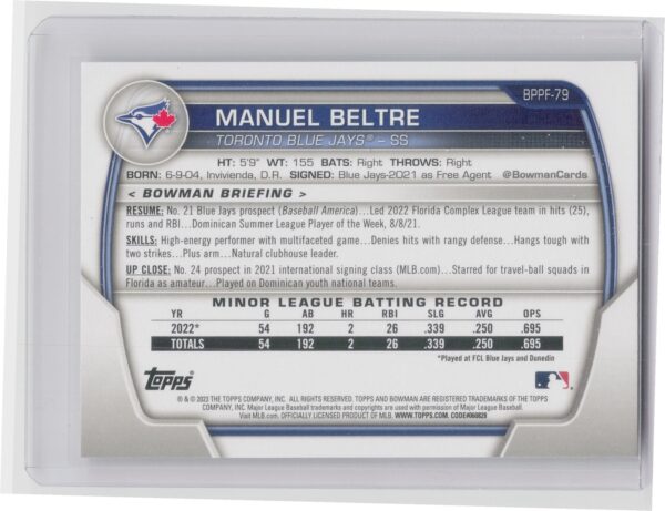 2023 Bowman 1st Edition Manuel Beltre #BPPF-79 Jays - Image 3