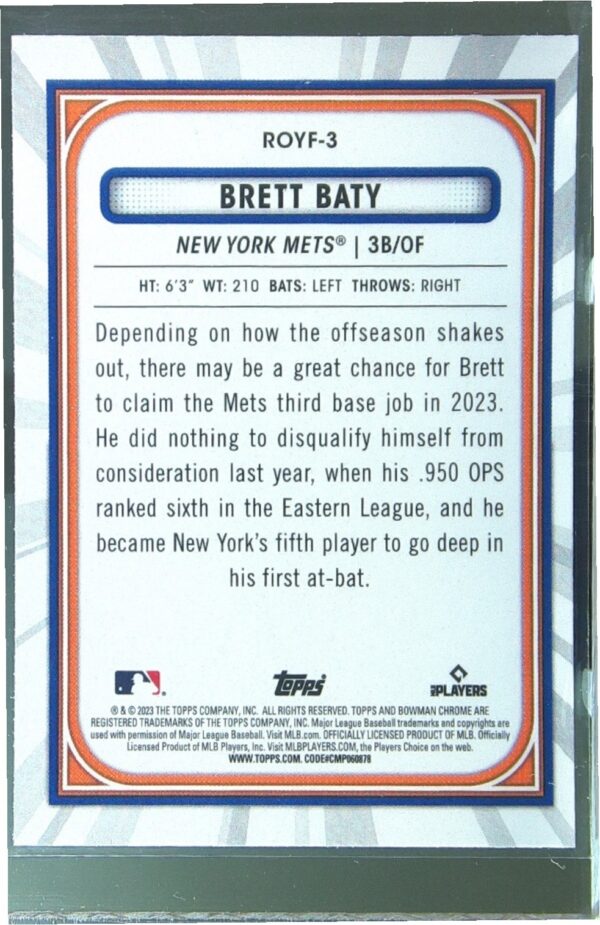 2023 Bowman Brett Baty RC #ROYF-3 Rookie of the Year Favorites Mojo Refractor - Image 3