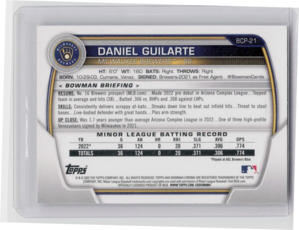 2023 Bowman Daniel Guilarte #BCP-21 Brewers Chrome Prospects Mojo Refractors - Image 3