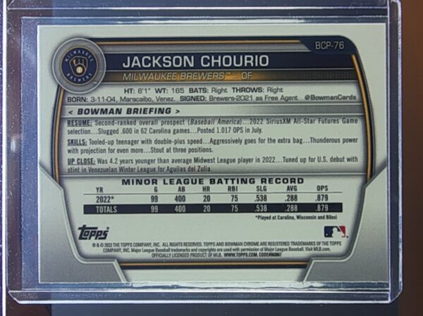 2023 Bowman Jackson Chourio #BCP-76 Brewers Chrome Prospects Mojo Refractors - Image 3