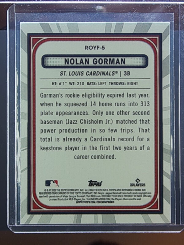2023 Bowman Nolan Gorman #ROYF-5 Cardinals Rookie of the Year Favorites Blue - Image 3