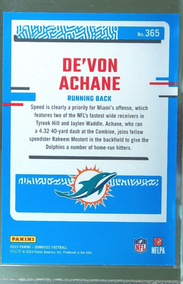 2023 Donruss De'Von Achane RC #365 Dolphins - Image 3