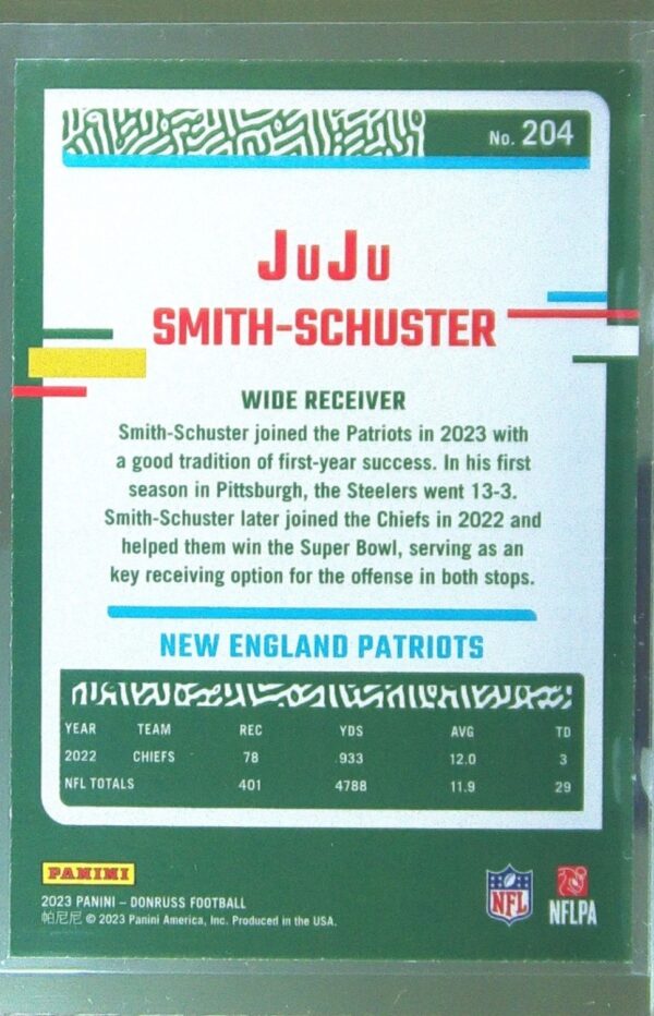 2023 Donruss JuJu Smith-Schuster Press Proof Yellow #204 Patriots - Image 3