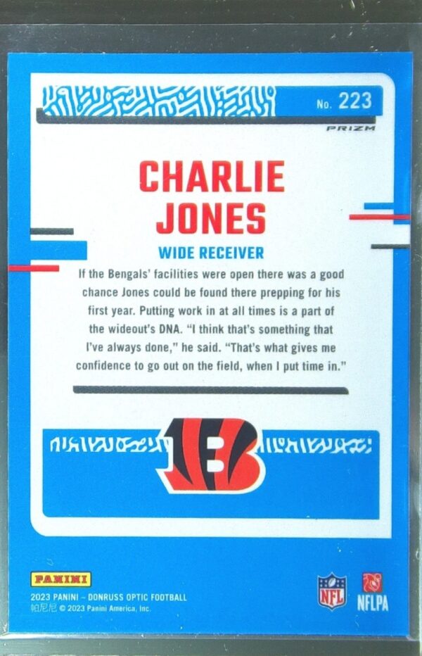 2023 Donruss Optic Charlie Jones Pink RC #223 Bengals - Image 3