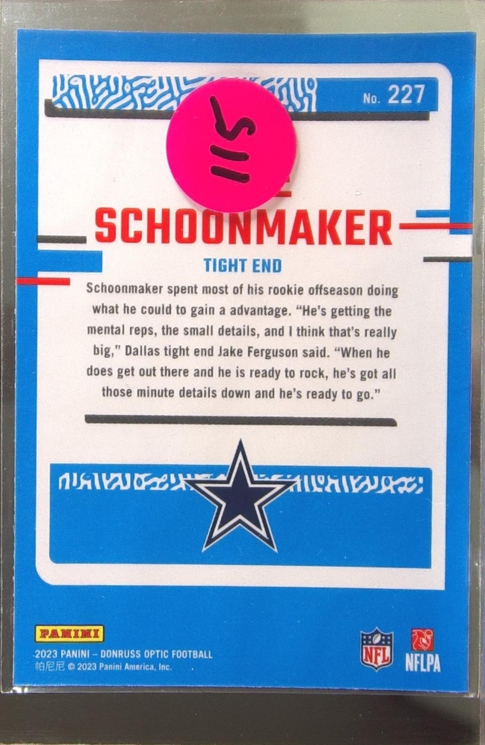 2023 Donruss Optic Luke Schoonmaker RC #227 Cowboys - Image 3