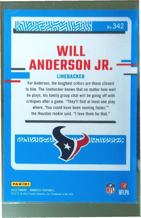 2023 Donruss Will Anderson Jr. RC #342 Texans - Image 3
