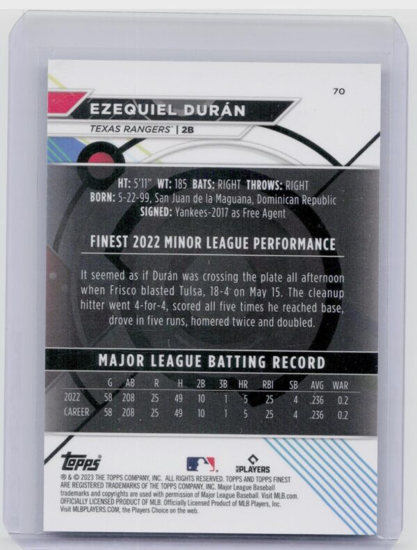 2023 Finest Ezequiel Duran Aqua Refractor /199 #70 Rangers - Image 3