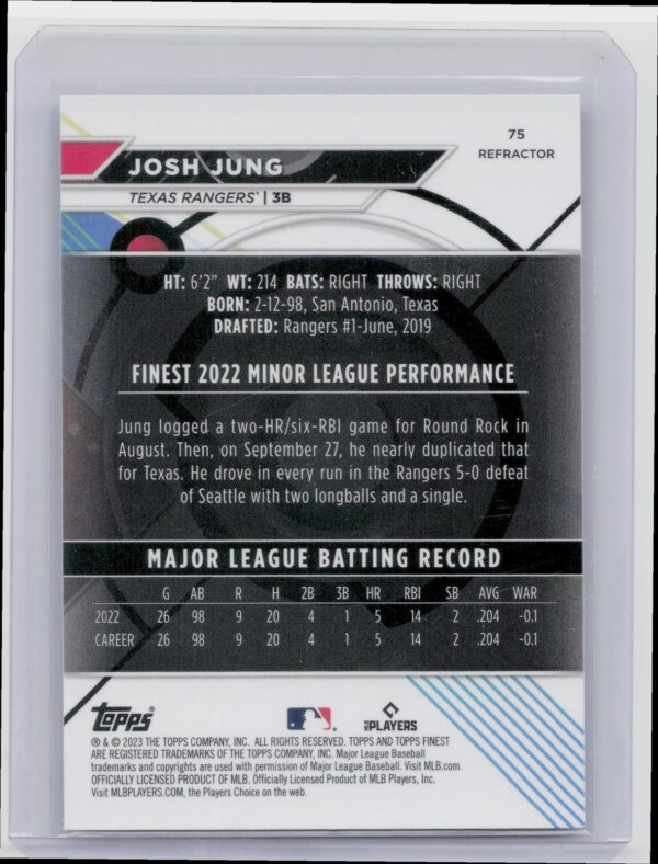 2023 Finest Josh Jung Refractor #75 Rangers - Image 3