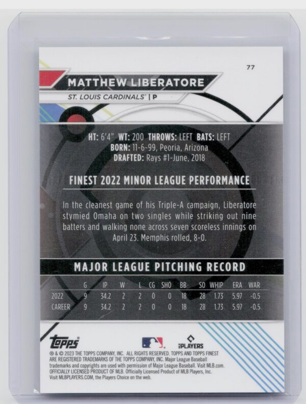 2023 Finest Matthew Liberatore Green Lava Refractor /99 #77 Cardinals - Image 3