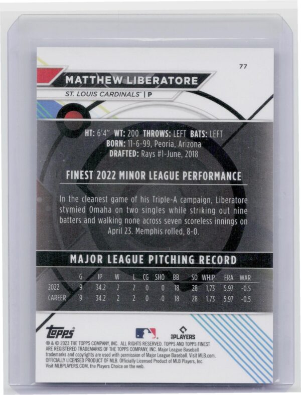 2023 Finest Matthew Liberatore Purple Refractor /250 #77 Cardinals - Image 3