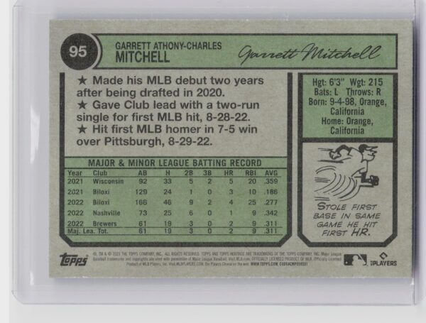 2023 Heritage Garrett Mitchell Chrome Blue Sparkle Refractor #95 Brewers - Image 3