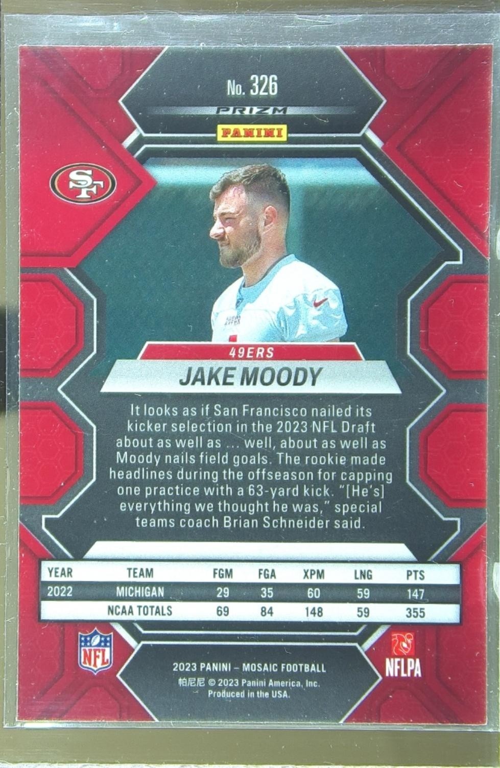 2023 Mosaic Jake Moody Green Mosaic RC #326 49ers - Image 3
