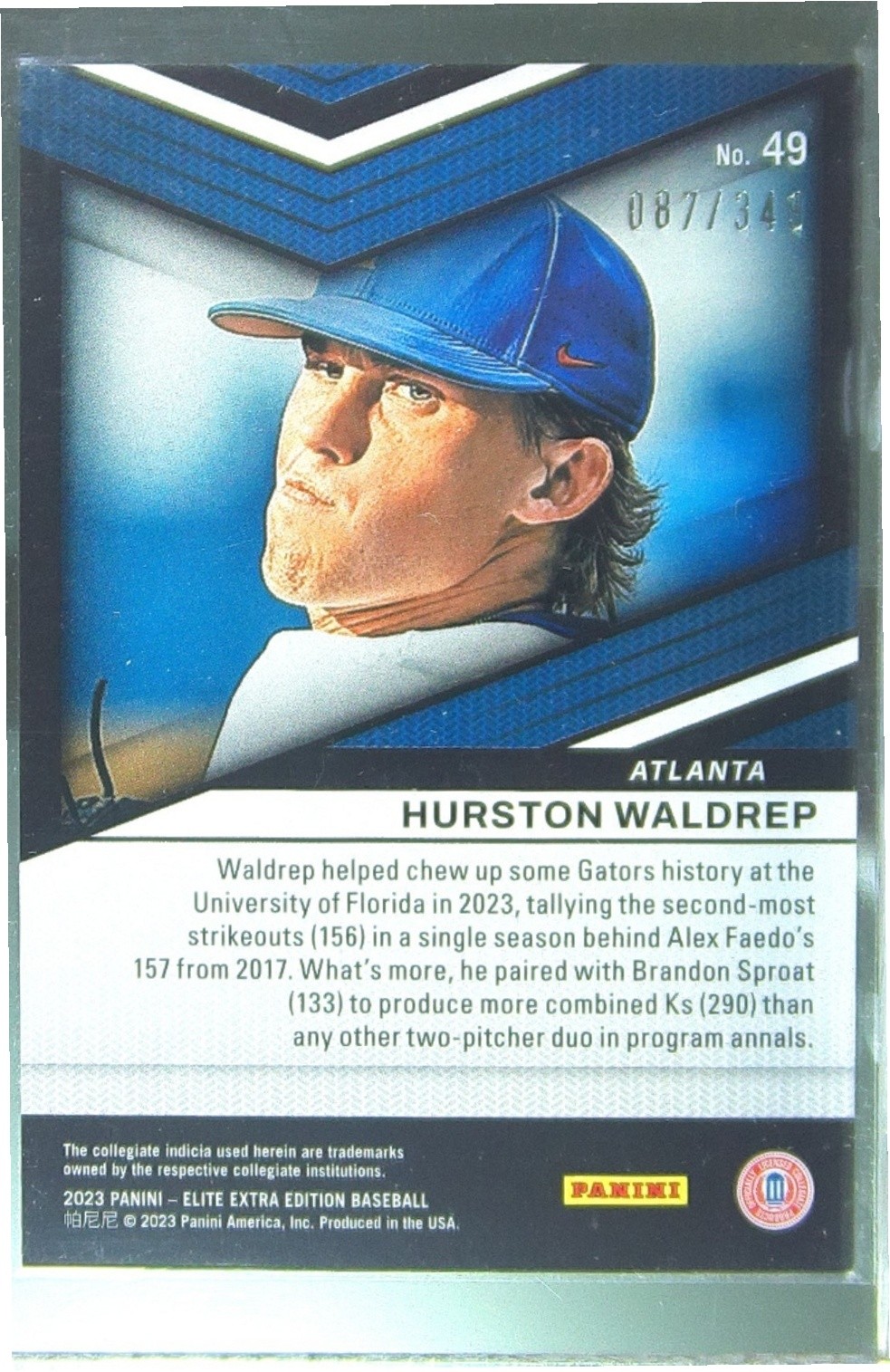 2023 Panini Elite Extra Edition Hurston Waldrep Aspirations Blue /349 #49 Braves - Image 3