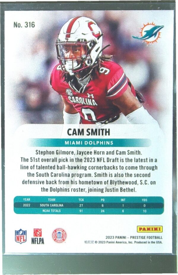 2023 Panini Prestige Cam Smith Xtra Points Galaxy RC #316 Dolphins - Image 3