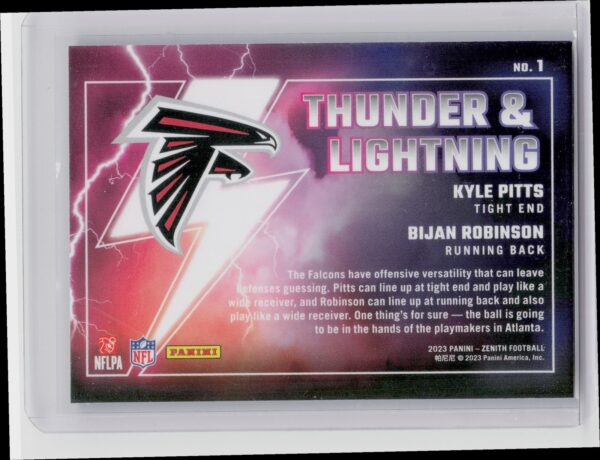 2023 Panini Zenith Bijan Robinson / Kyle Pitts Thunder and Lightning #1 Falcons - Image 3