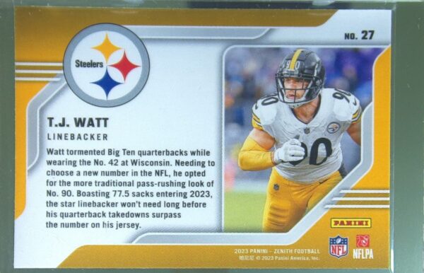 2023 Panini Zenith T.J. Watt #27 Steelers Behind the Numbers - Image 3
