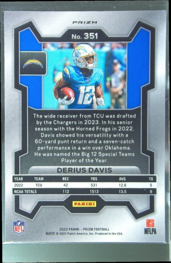 2023 Prizm Derius Davis Silver RC #351 Chargers - Image 3