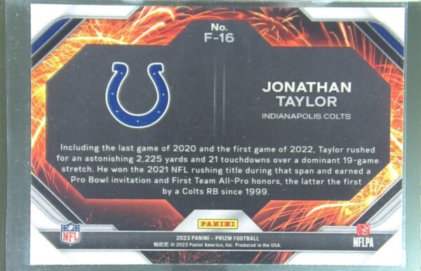 2023 Prizm Jonathan Taylor #F-16 Colts Fireworks - Image 3