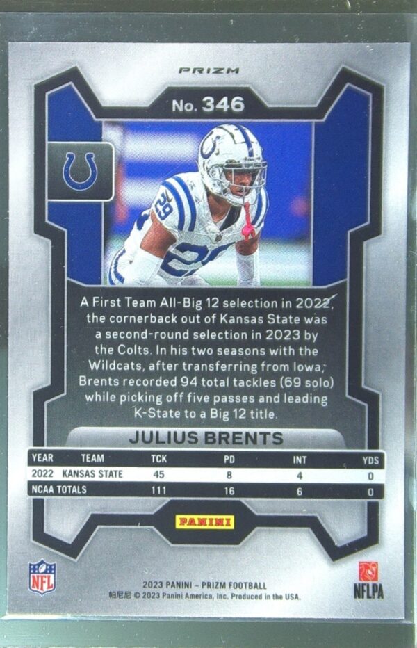 2023 Prizm Julius Brents Silver RC #346 Colts - Image 3