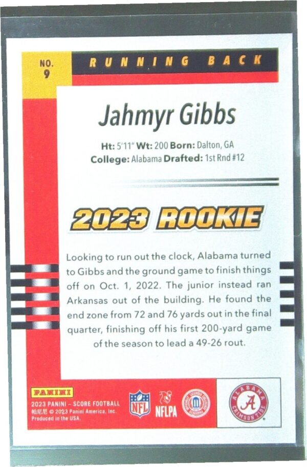 2023 Score Jahmyr Gibbs RC #9 Tide 2003 Throwback Rookies - Image 3
