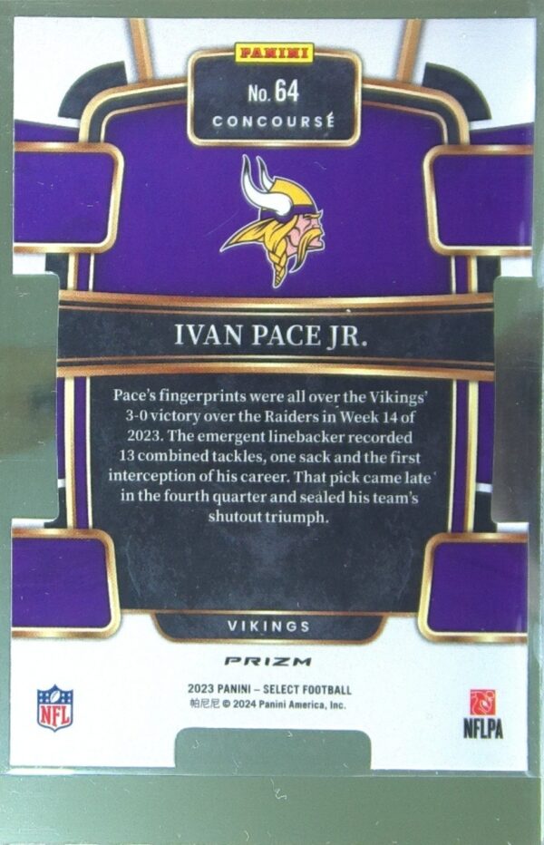 2023 Select Ivan Pace Jr. Black and Green Prizms Die Cuts RC #64 Vikings - Image 3