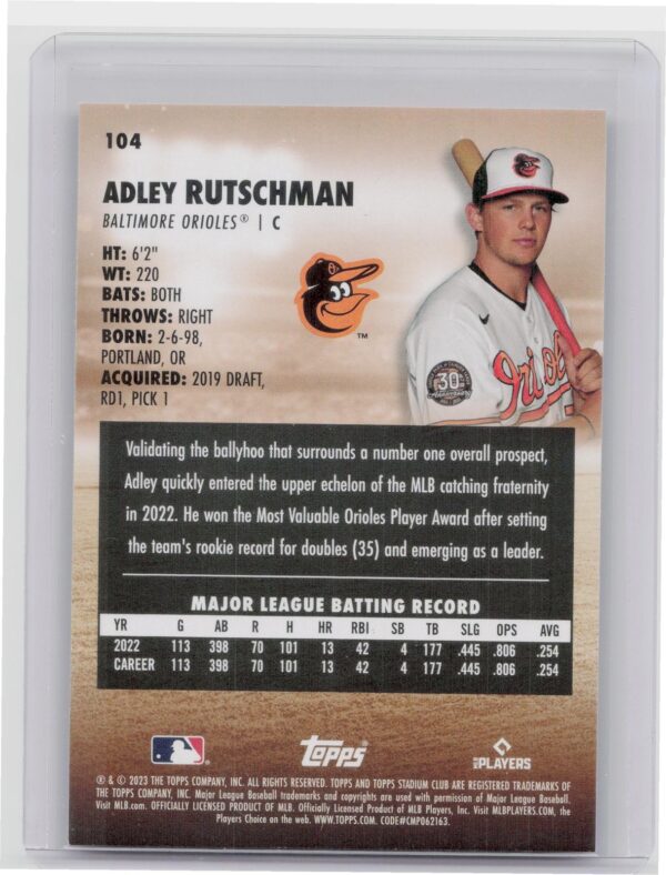 2023 Stadium Club Adley Rutschman RC #104 Orioles - Image 3