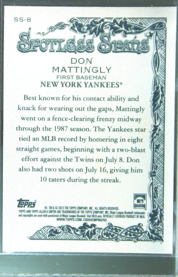 2023 Topps Allen & Ginter Don Mattingly #SS-8 Yankees Spotless Spans - Image 3