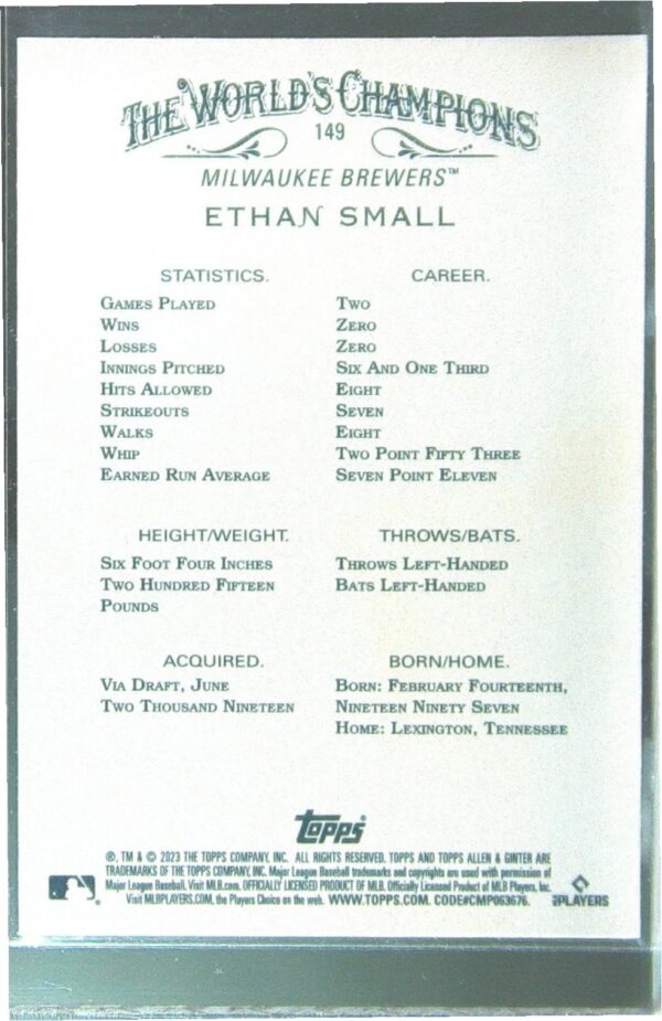 2023 Topps Allen & Ginter Ethan Small RC #149 Brewers - Image 3