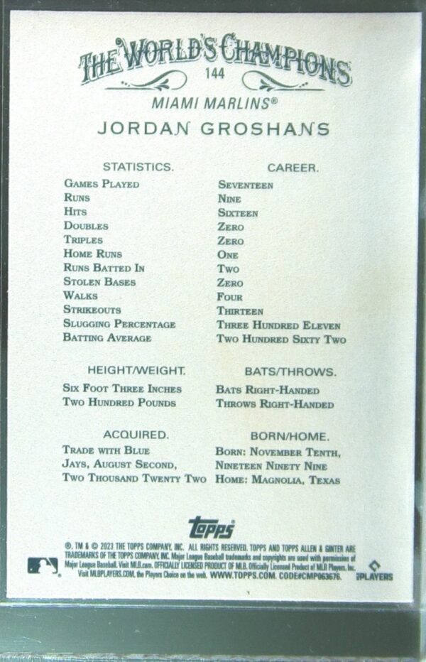 2023 Topps Allen & Ginter Jordan Groshans RC #144 Marlins - Image 3