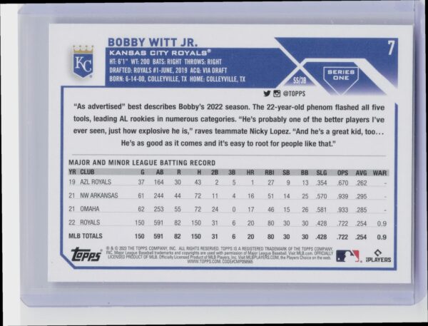 2023 Topps Bobby Witt Jr. #7 Royals - Image 3