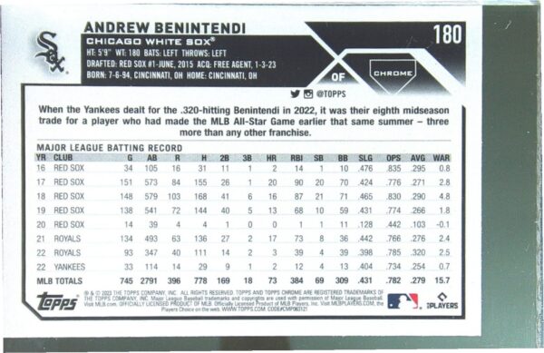 2023 Topps Chrome Andrew Benintendi X Fractors #180 Sox - Image 3