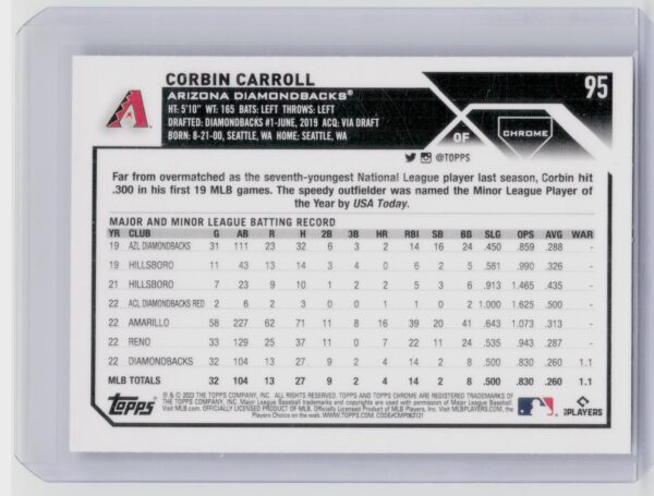 2023 Topps Chrome Corbin Carroll RC #95 Diamondbacks - Image 3