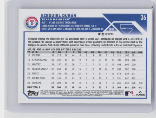 2023 Topps Chrome Ezequiel Duran Pink Refractor #36 Rangers - Image 3