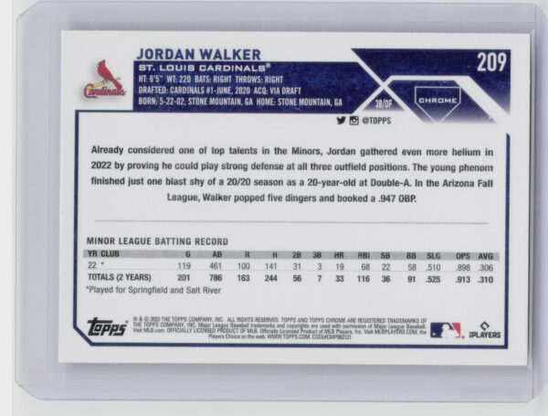 2023 Topps Chrome Jordan Walker RC #209 Cardinals - Image 3